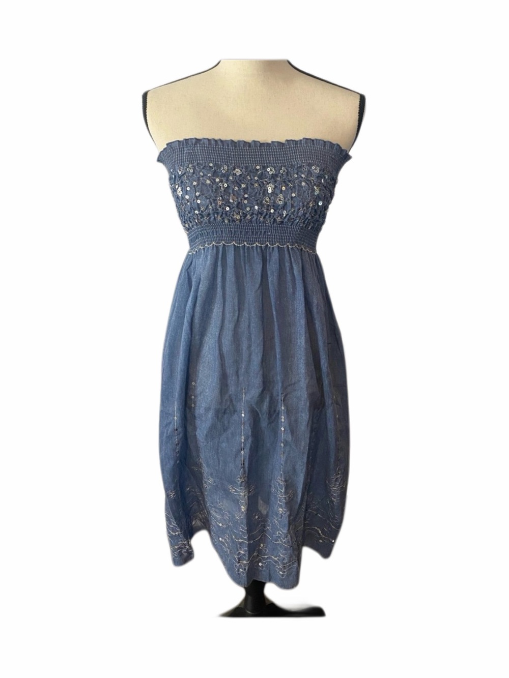 100% Cotton Y2K Smocked Strapless Denim Blue Embroidered Sequin Dress